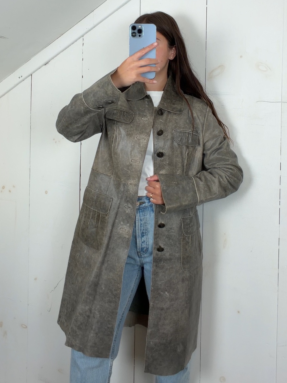 Vintage Gray Leather Long Button Front Coat Women’s L Pleats Patina Jacket Y2K